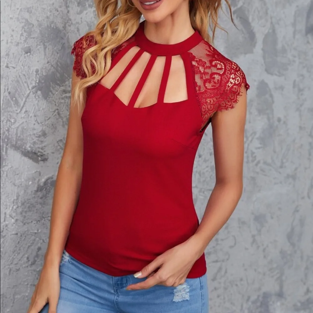 Boho Black Cut Out Lace Cap Sleeve Blouse - Picture 8 of 8
